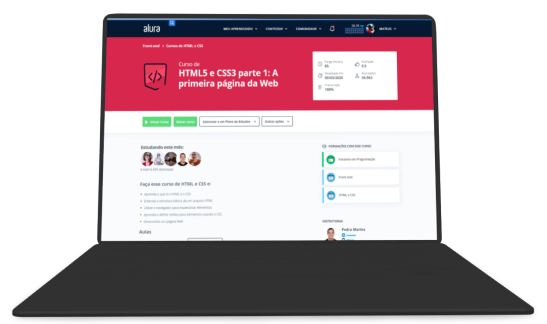 imagem de um notebook com a página do curso de HTML e CSS da alura aberto